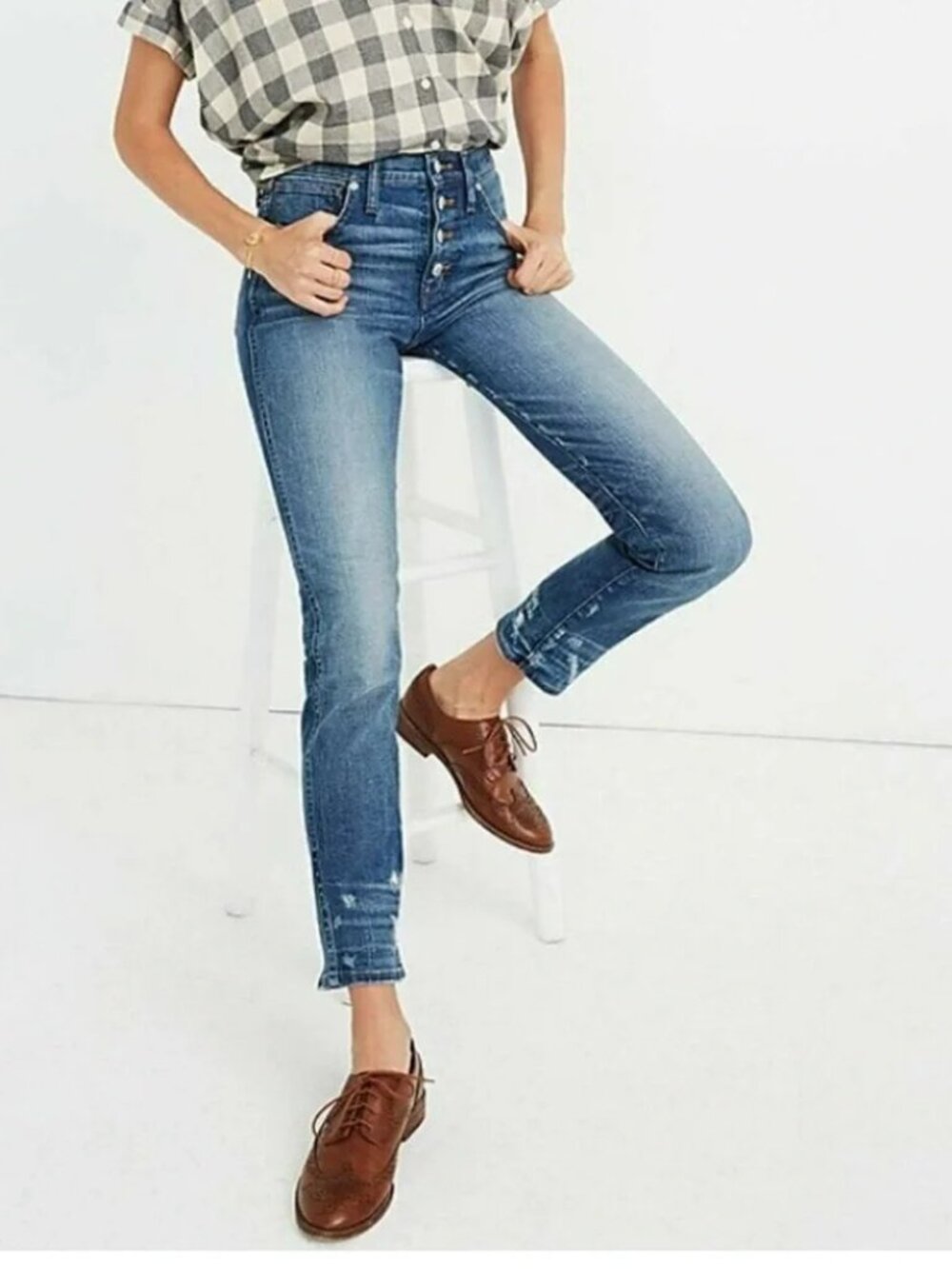 Madewell Slim Straight Jeans Size 26 Exposed Button Fly Distressed Denim